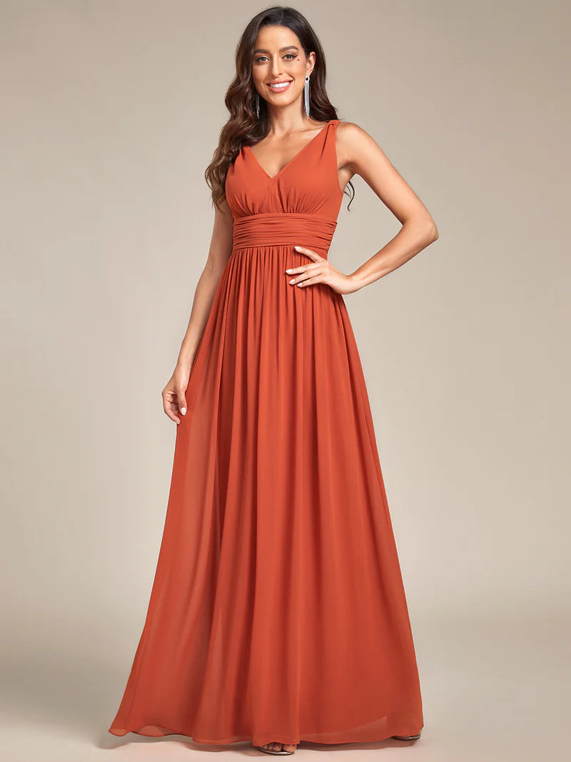 Elegant Double V-Neck Bridesmaid Dress – Floor-Length Maxi Gown