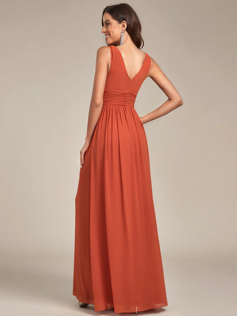 Elegant Double V-Neck Bridesmaid Dress – Floor-Length Maxi Gown