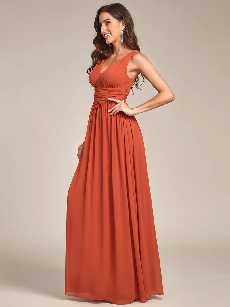 Elegant Double V-Neck Bridesmaid Dress – Floor-Length Maxi Gown