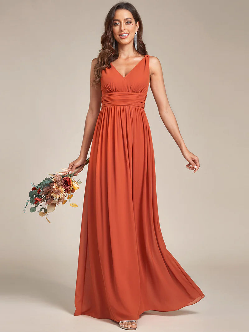 Elegant Double V-Neck Bridesmaid Dress – Floor-Length Maxi Gown