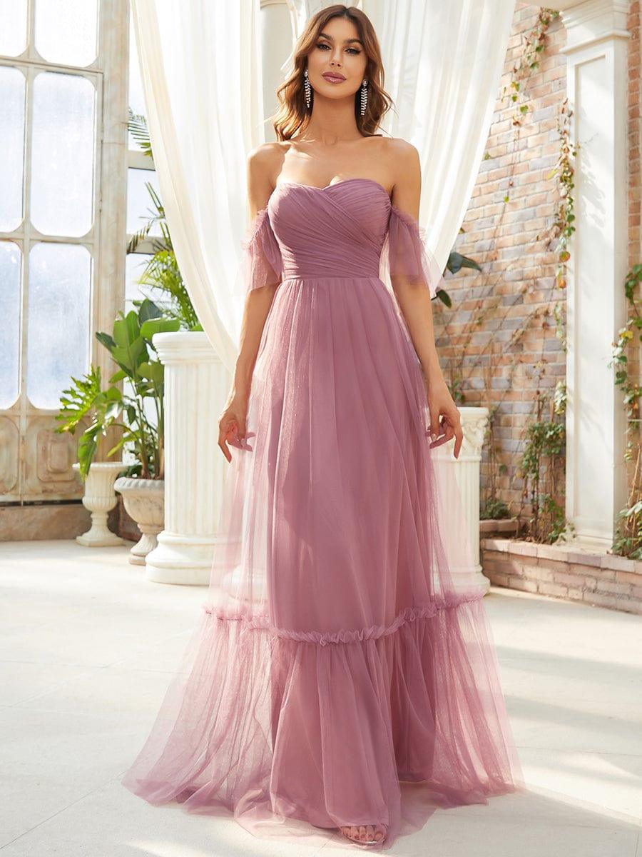 Off the Shoulder Sweetheart Pleated Tulle Dress In Pink