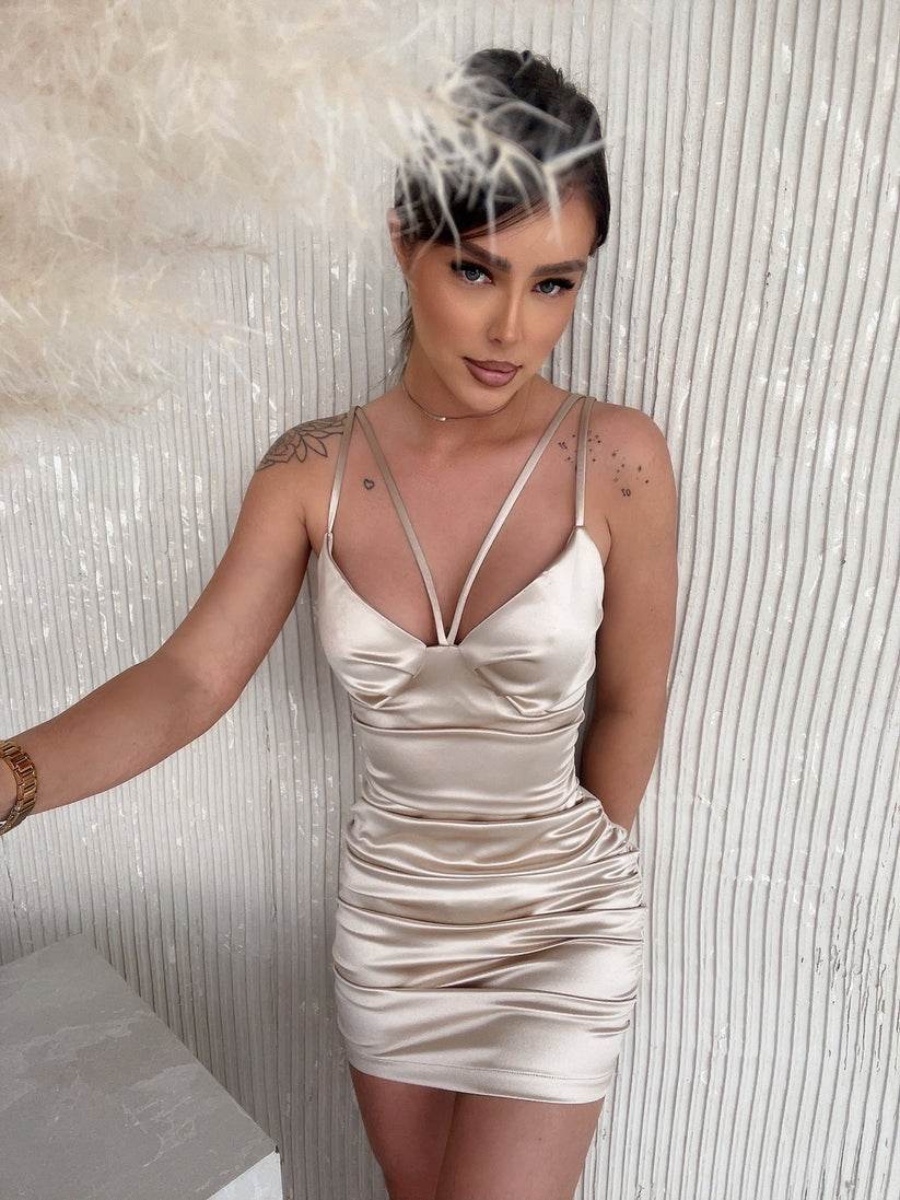 Satin Tight Beige Dress - Biamonde