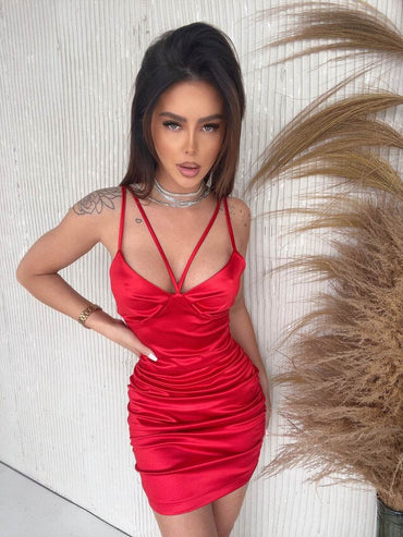 Satin Tight Red Dress - Biamonde