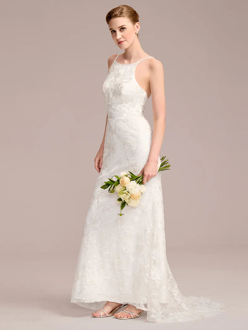 Spaghetti Strap Open-Back Lace Floor-Length Bridal Dress