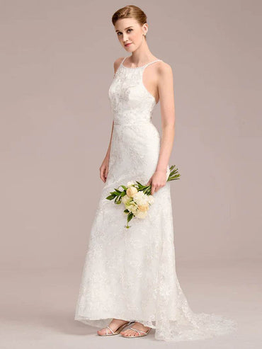 Spaghetti Strap Open-Back Lace Floor-Length Bridal Dress - Biamonde