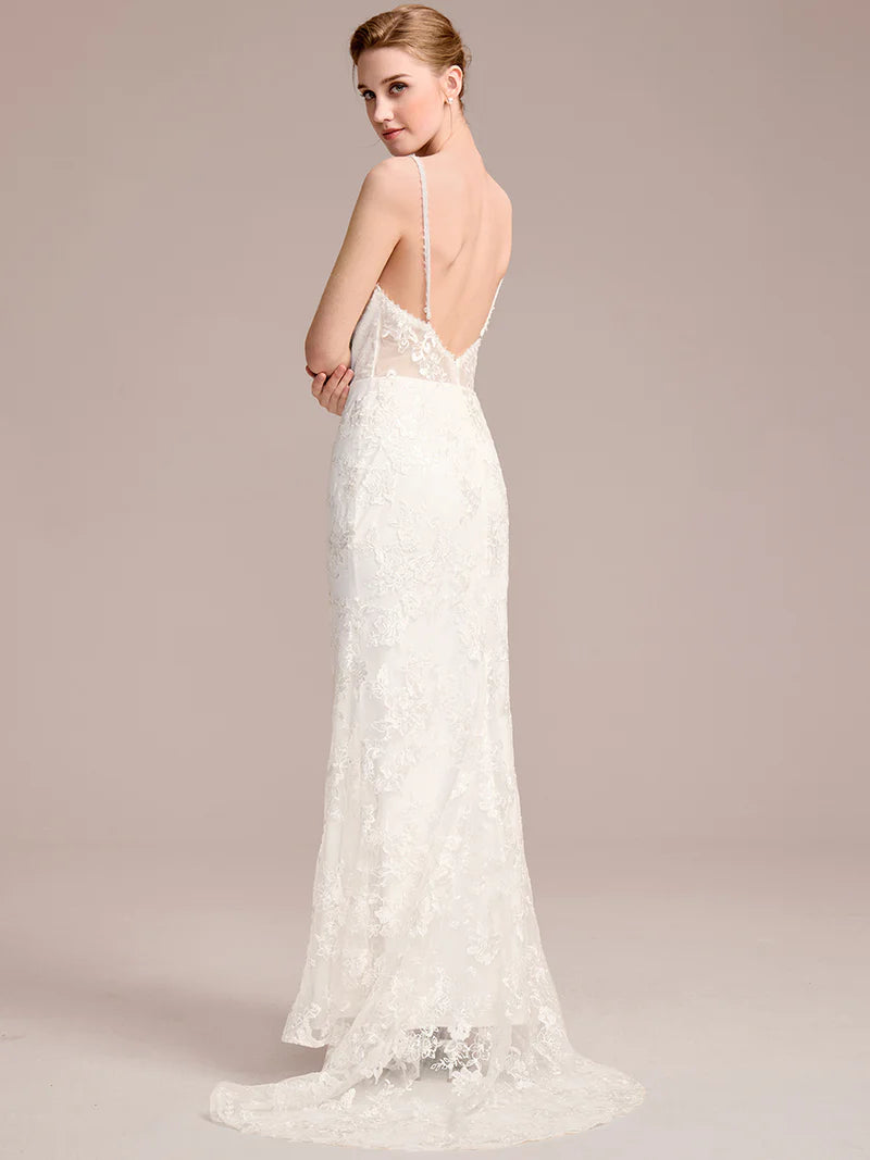 Spaghetti Strap Open-Back Lace Floor-Length Bridal Dress