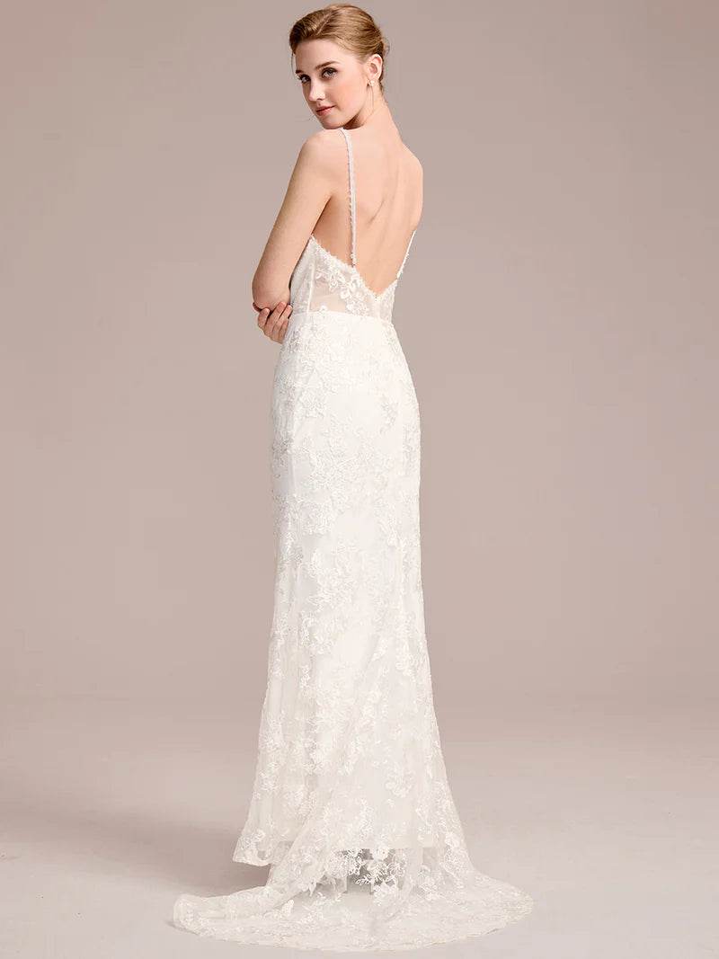 Spaghetti Strap Open-Back Lace Floor-Length Bridal Dress - Biamonde
