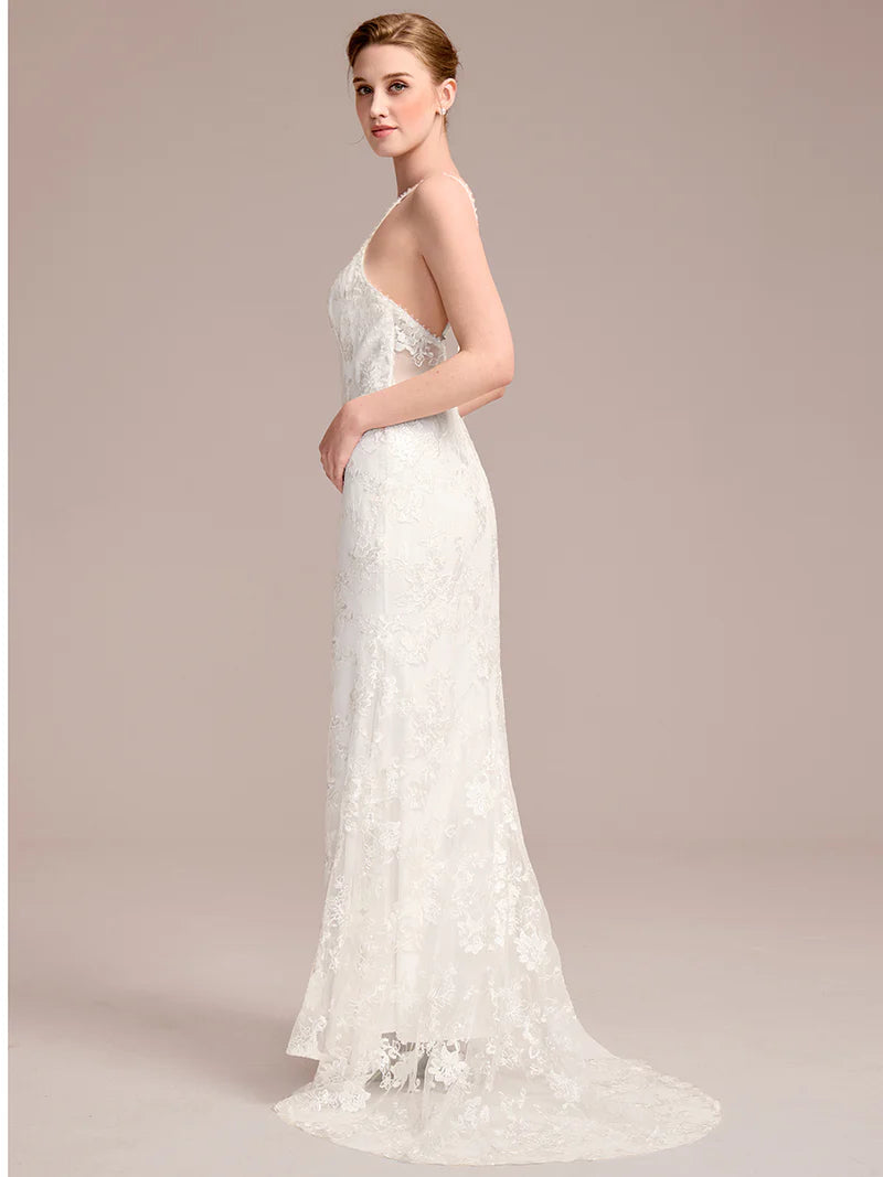 Spaghetti Strap Open-Back Lace Floor-Length Bridal Dress