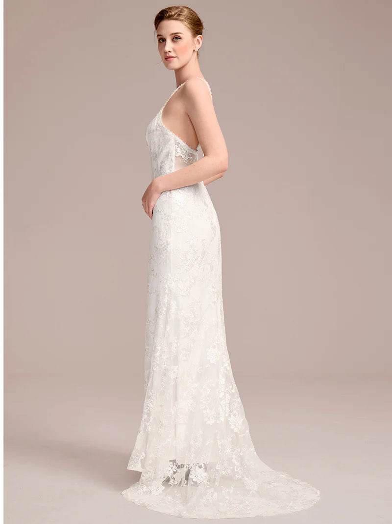 Spaghetti Strap Open-Back Lace Floor-Length Bridal Dress - Biamonde