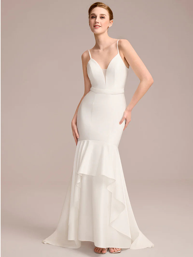 Mermaid Bridal Dress with Spaghetti Straps & V-Neck – Floor-Length Gown