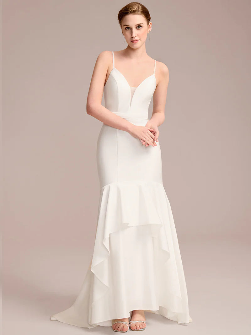 Mermaid Bridal Dress with Spaghetti Straps & V-Neck – Floor-Length Gown