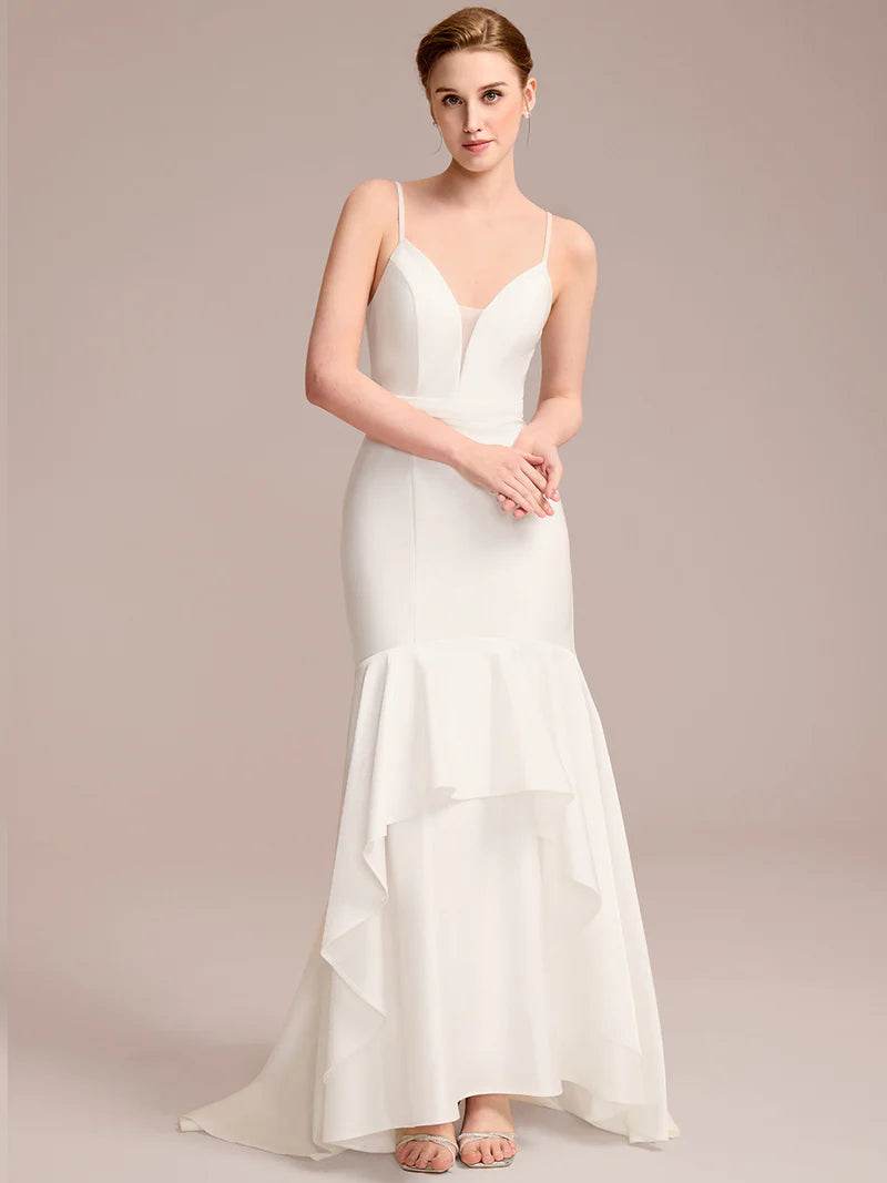 Mermaid Bridal Dress with Spaghetti Straps & V-Neck – Floor-Length Gown - Biamonde