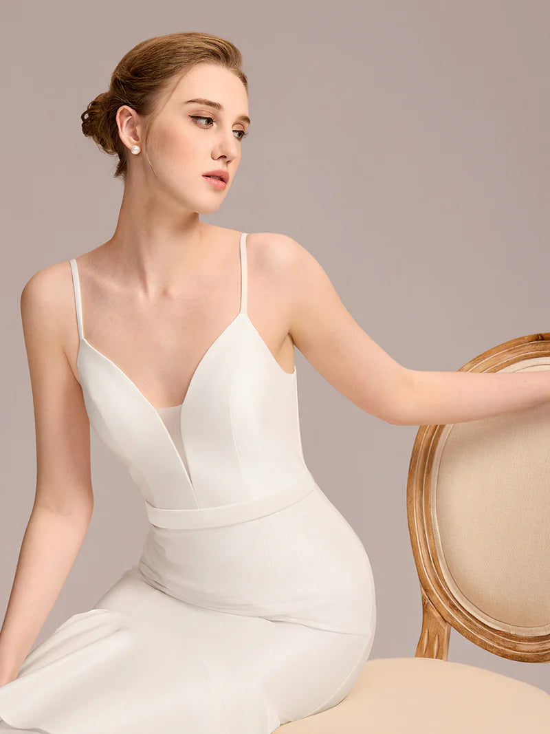 Mermaid Bridal Dress with Spaghetti Straps & V-Neck – Floor-Length Gown