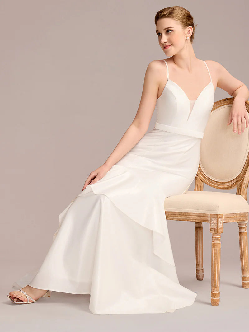 Mermaid Bridal Dress with Spaghetti Straps & V-Neck – Floor-Length Gown