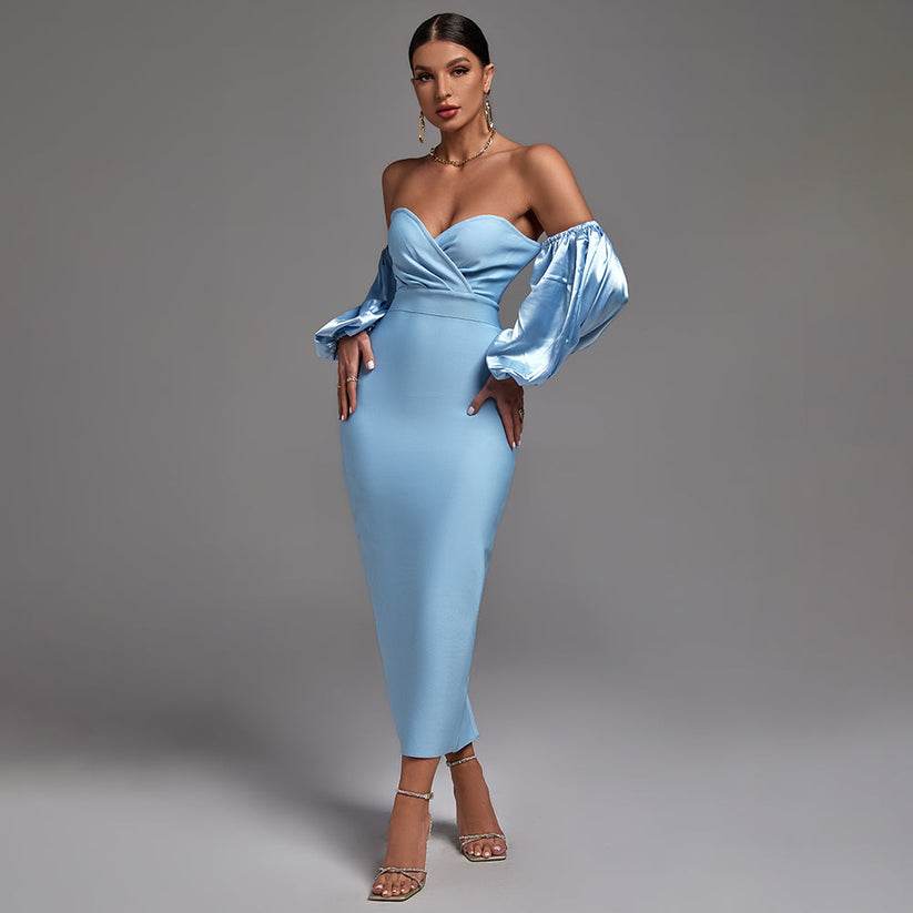 Off Shoulder Puff Sleeve Frill Midi Bandage Dress - Biamonde