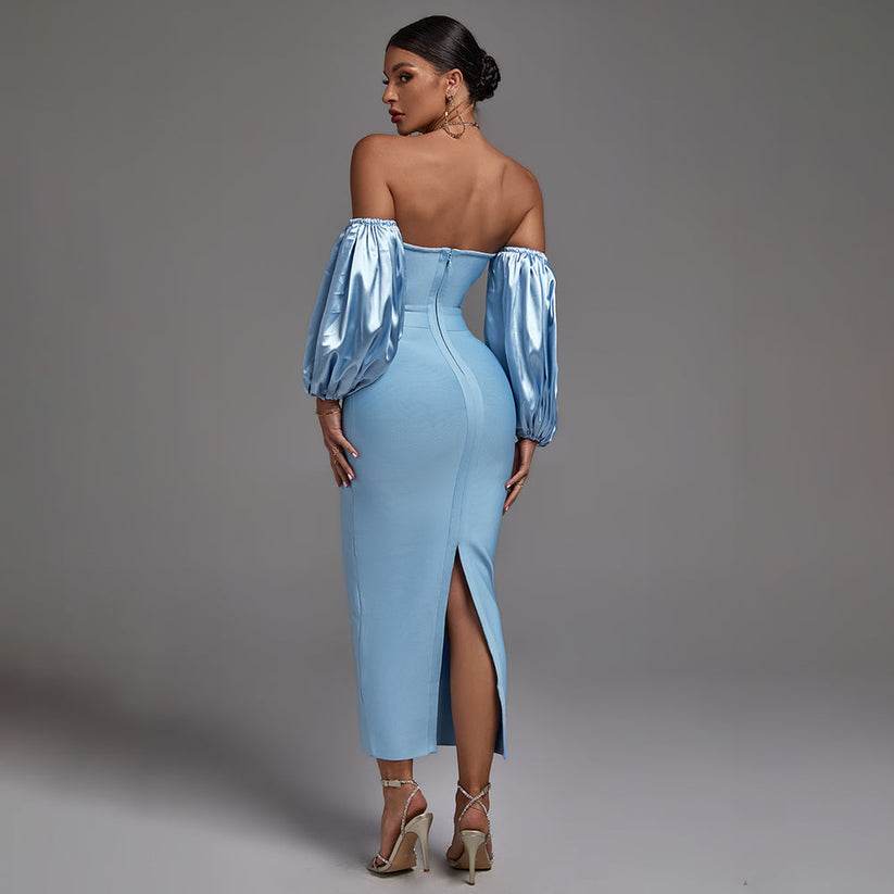 Off Shoulder Puff Sleeve Frill Midi Bandage Dress - Biamonde