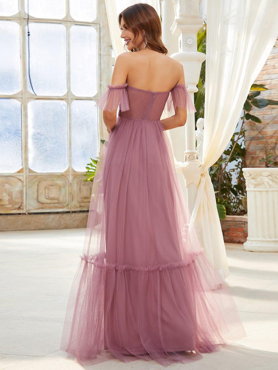 Off the Shoulder Sweetheart Pleated Tulle Dress In Pink