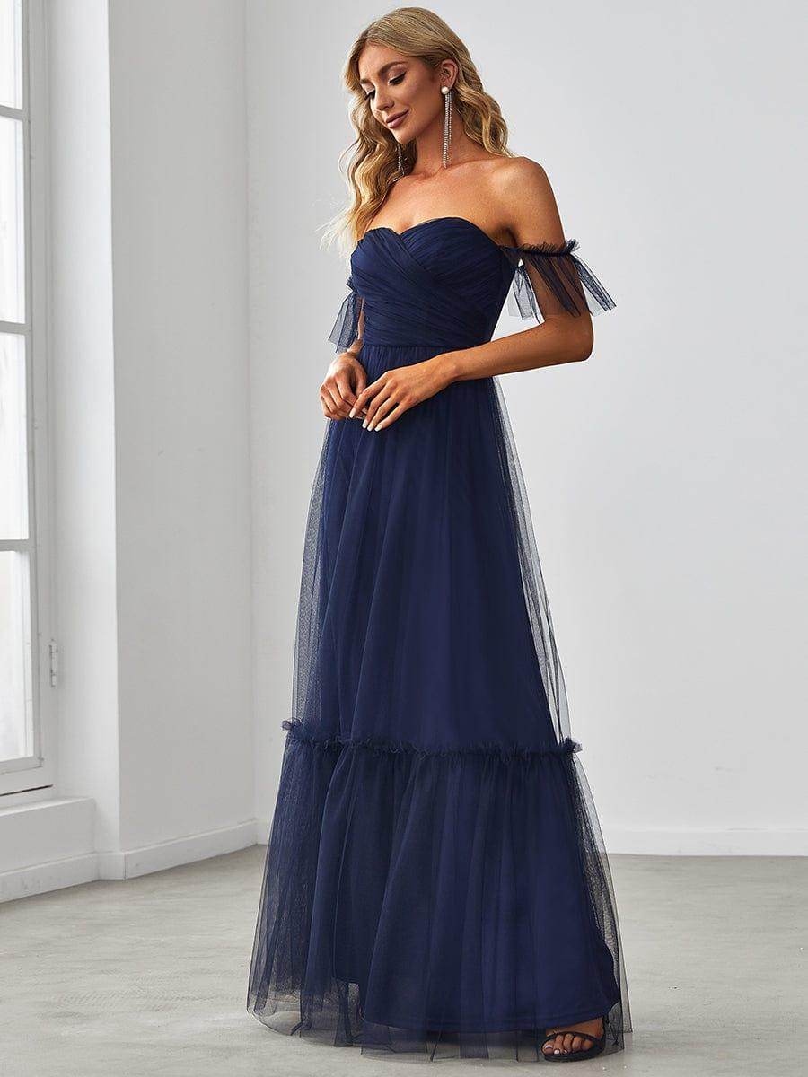 Off the Shoulder Sweetheart Pleated Tulle Dress In Pink - Biamonde