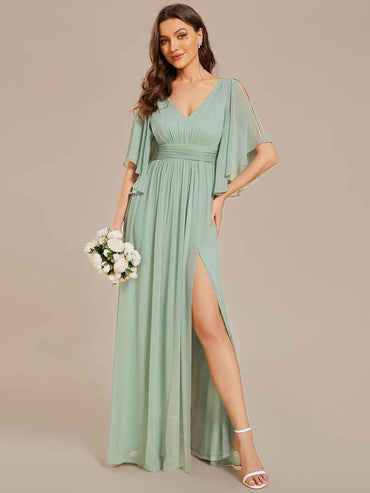 V-Neck Chiffon Mint Green Bridesmaid Dress – Pleated Design with Waist Belt - Biamonde