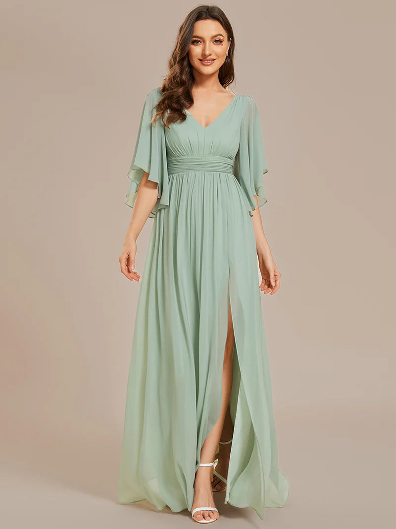 Chic and classy bridesmaid dress in mint green with pleats and round neck