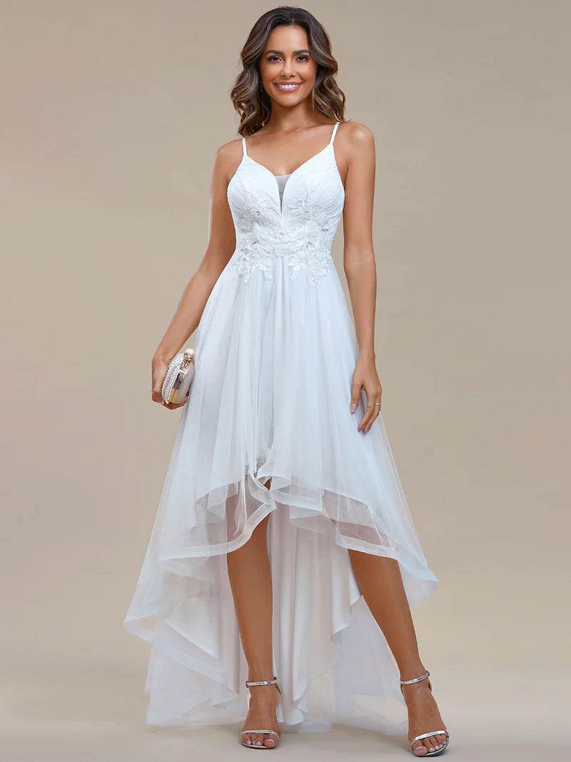 High-Low Wedding Dress with Floral Appliques – Modern Gown - Biamonde