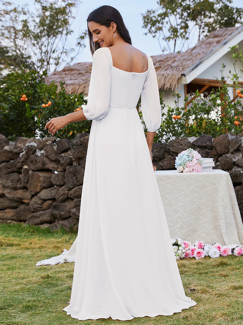 White One-Shoulder Chiffon Evening Dress – Maxi Gown with Lantern Sleeves