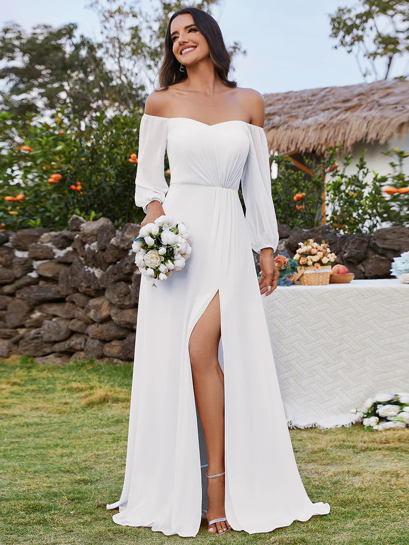 White One-Shoulder Chiffon Evening Dress – Maxi Gown with Lantern Sleeves