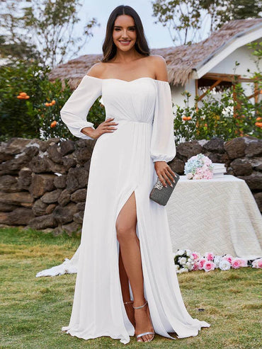 White One-Shoulder Chiffon Evening Dress – Maxi Gown with Lantern Sleeves - Biamonde