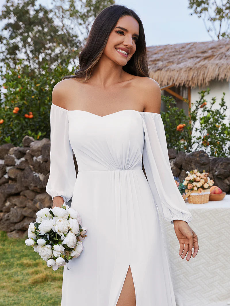 White One-Shoulder Chiffon Evening Dress – Maxi Gown with Lantern Sleeves