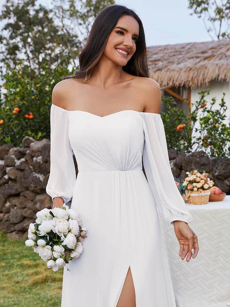 White One-Shoulder Chiffon Evening Dress – Maxi Gown with Lantern Sleeves - Biamonde