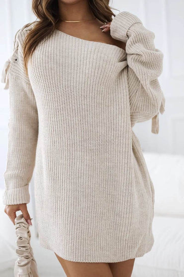 Alexa beige off-shoulder ribbed sweater tunic, chic knitwear with elegant shoulder ties