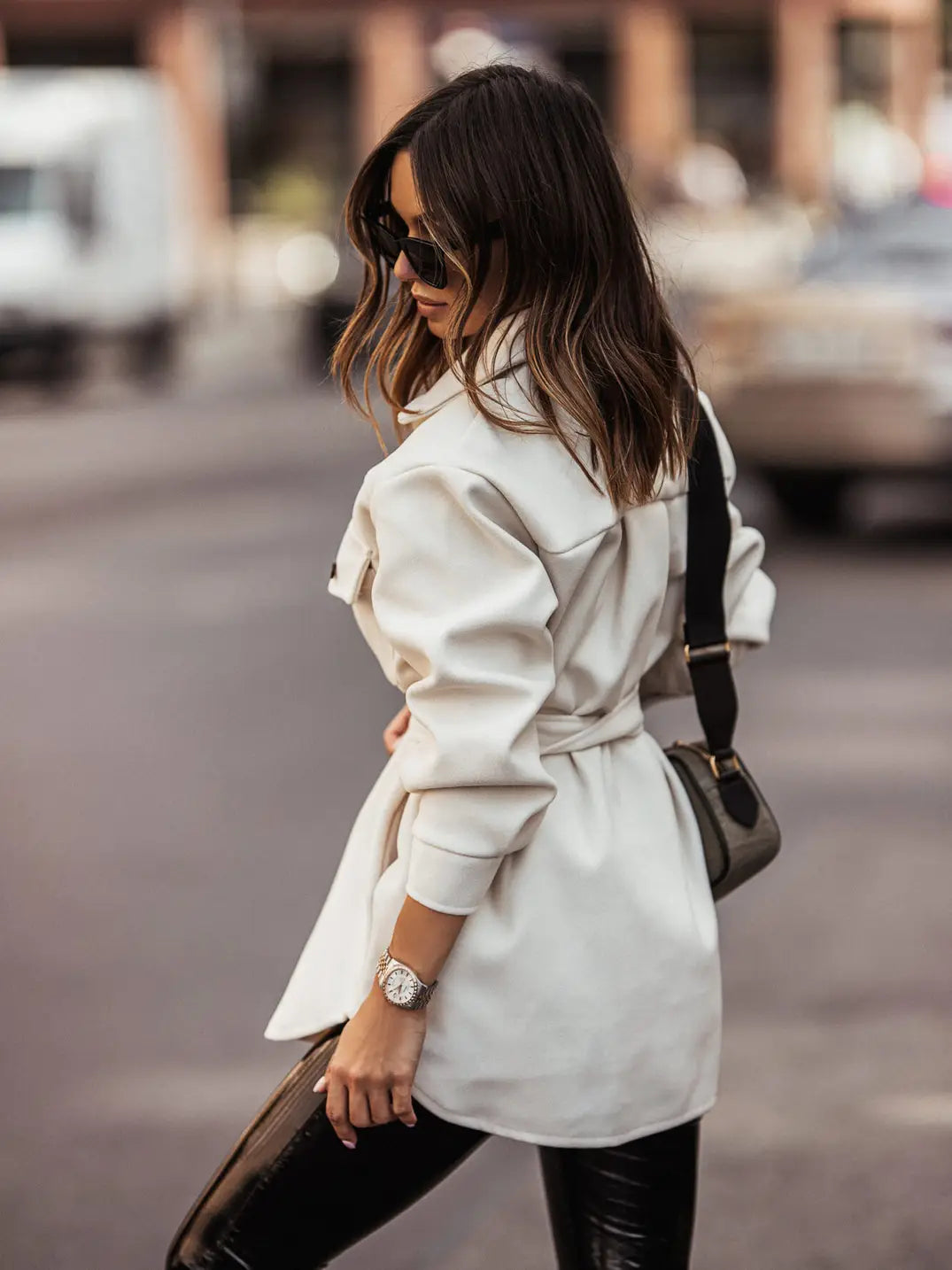Beige shirt jacket, minimalist overshirt for effortless everyday style