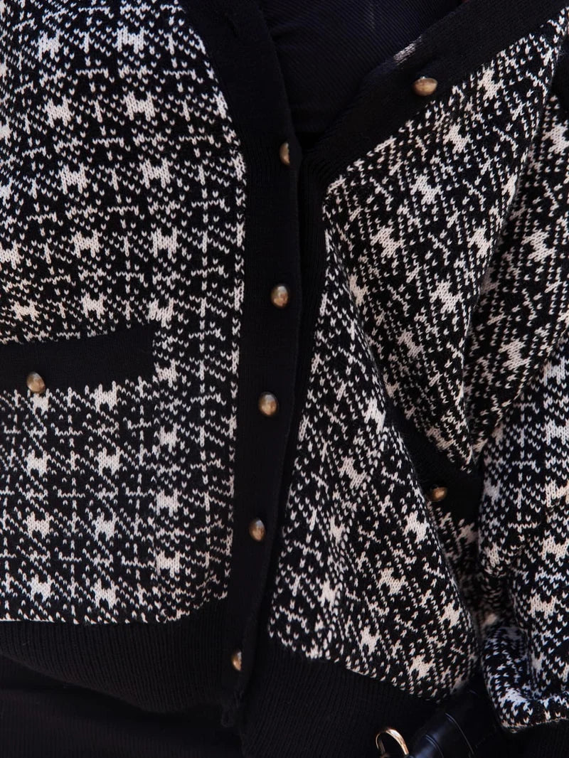 Belamor black checkered cardigan, chic monochrome knit with bold contrast
