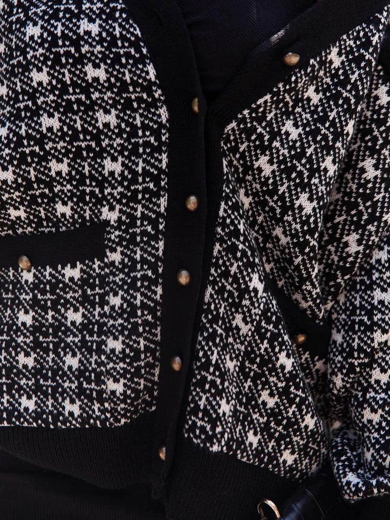 Belamor Black Checkered Cardigan – Chic Monochrome Knit with Bold Contrast - Biamonde
