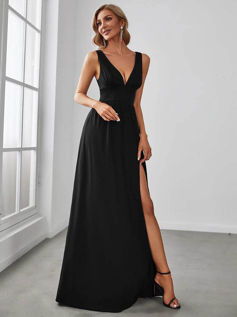 Elegant V-Neck Floor-Length Evening Dress with High Slit & Empire Waist - Biamonde