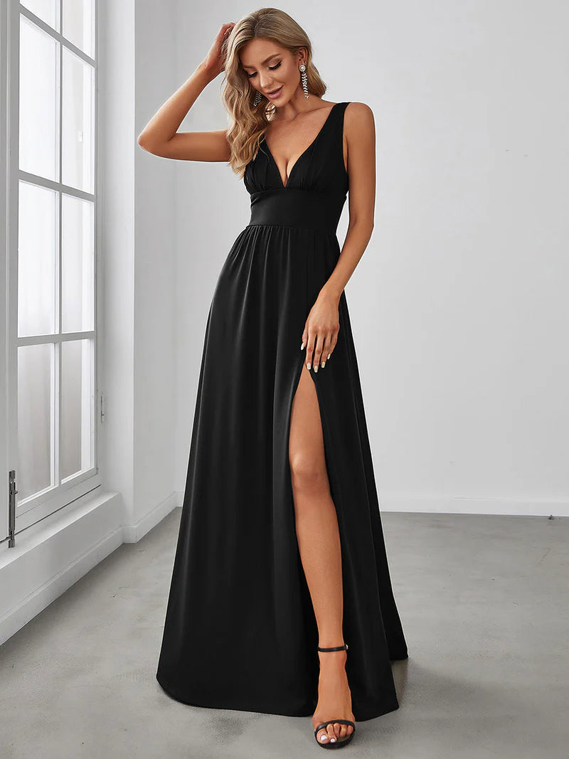 Elegant V-Neck Floor-Length Evening Dress with High Slit & Empire Waist