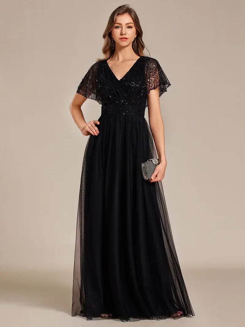 Elegant V-Neck Tulle Dress – Ruffle Sleeves, Empire Waist & Sparkling Paillettes - Biamonde