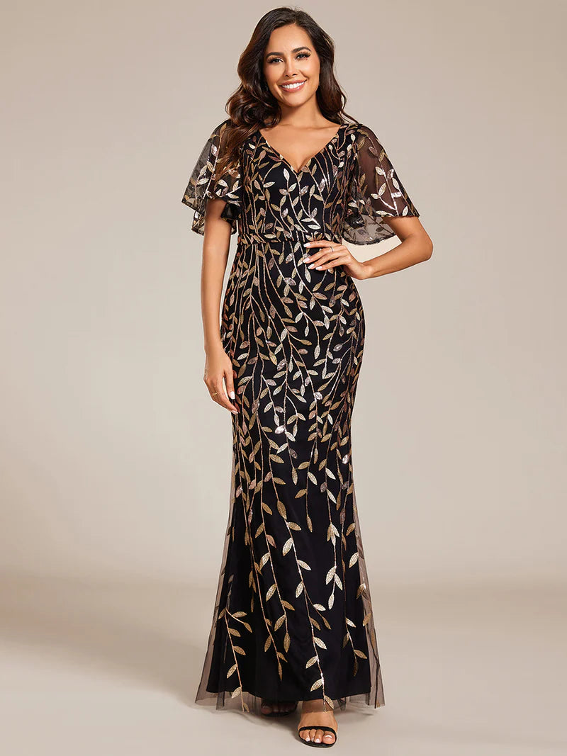 Black gold V-neck fishtail party dress with elegant leaf-shaped sequin embellishments