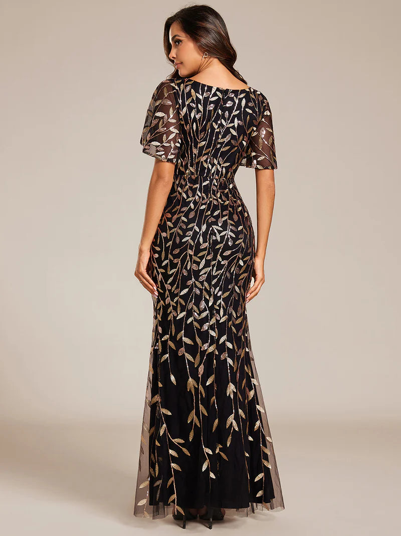 Black gold V-neck fishtail party dress with elegant leaf-shaped sequin embellishments