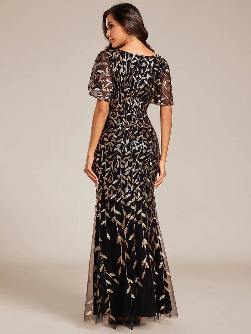 Gorgeous V-Neck Fishtail Party Dress with Leaf Sequin Embellishment - Biamonde