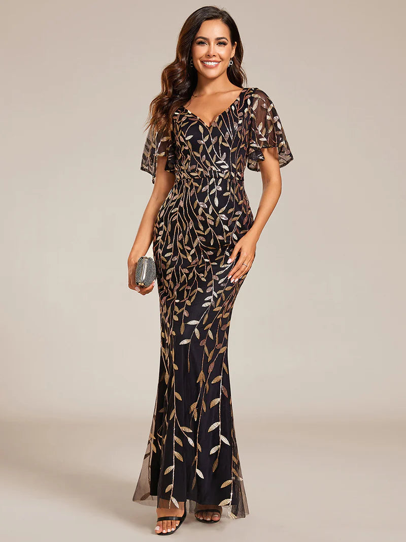 Black gold V-neck fishtail party dress with elegant leaf-shaped sequin embellishments