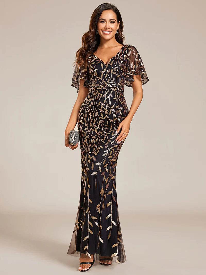 Gorgeous V-Neck Fishtail Party Dress with Leaf Sequin Embellishment - Biamonde