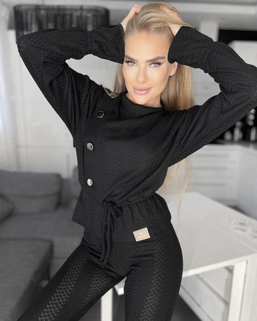 Black knit two-piece sweater set for women – sleek and cozy everyday essential