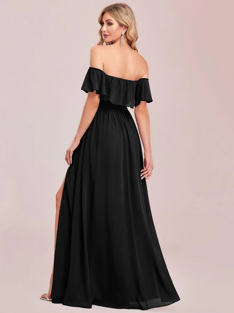 Black Off-the-shoulder bridesmaid dress with ruffles and a thigh-high slit