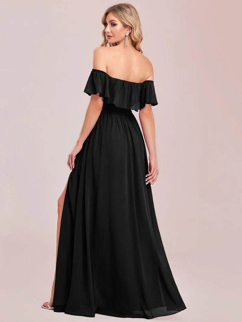 Off-the-Shoulder Bridesmaid Dress – Ruffled with Thigh Split - Biamonde