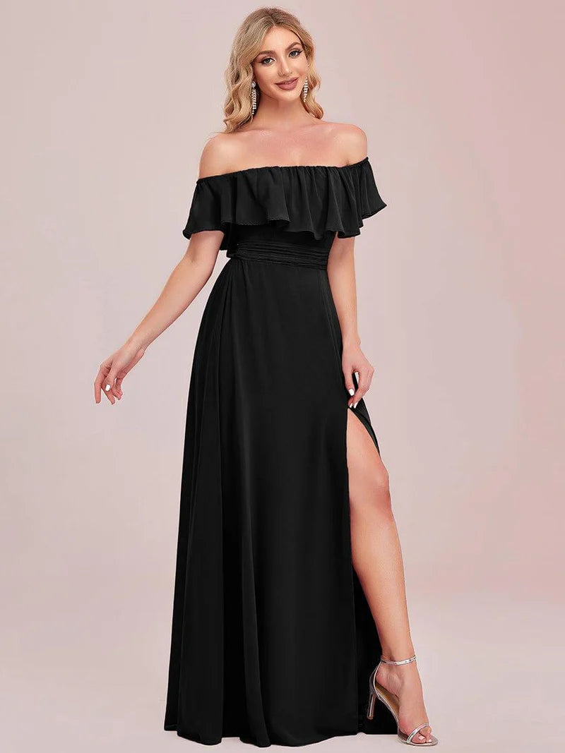 Black Off-the-shoulder bridesmaid dress with ruffles and a thigh-high slit