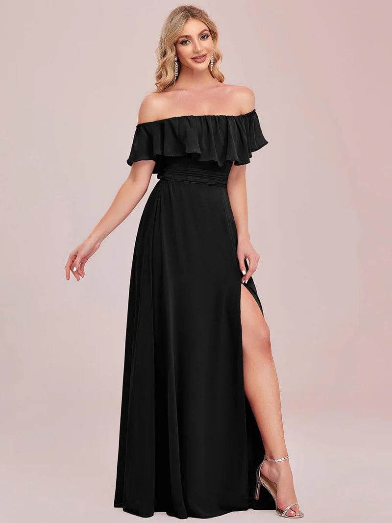 Off-the-Shoulder Bridesmaid Dress – Ruffled with Thigh Split - Biamonde
