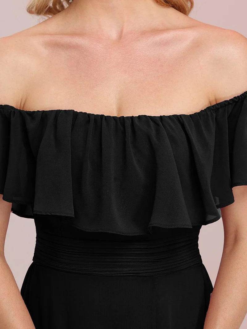 Off-the-Shoulder Bridesmaid Dress – Ruffled with Thigh Split - Biamonde