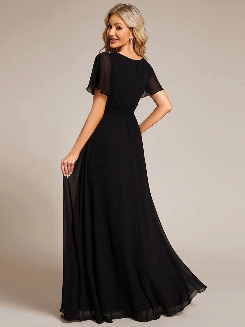 Pleated Bridesmaid Dress – Round Neck Elegant Gown for Weddings - Biamonde