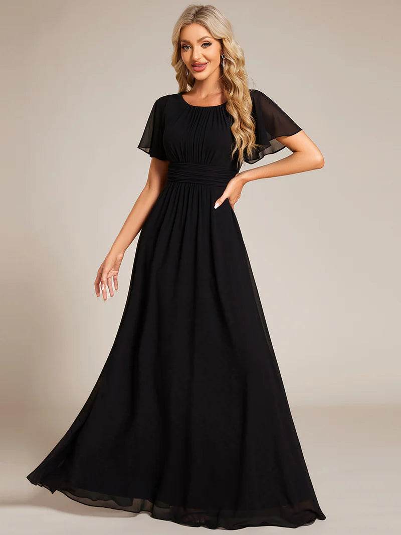 Pleated Bridesmaid Dress – Round Neck Elegant Gown for Weddings - Biamonde